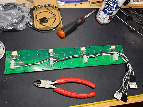 The backplane, re-using the 90° 4-Pin Molex connectors with custom male Molex adapters wired in.
